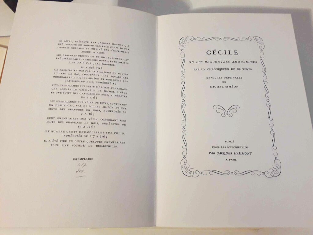 Page de titre et justification du tirage de Cécile ou les rencontres amoureuses, éditions Jacques Haumont