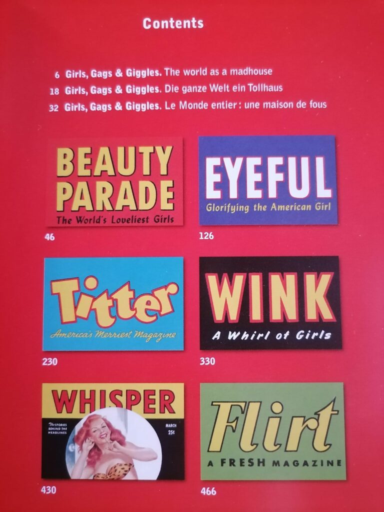 Sommaire du livre 1000 Pin-Up Girls, Peter Driben, éditions Taschen : Beauty Parade, Eyeful, Titter, Wink, Whisper et Flirt
