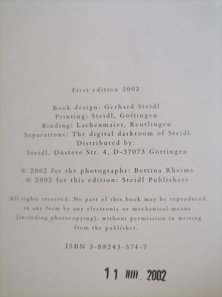 Page de copyright First edition 2002 de Bettina Rheims, Morceaux choisis, éditions Steidl