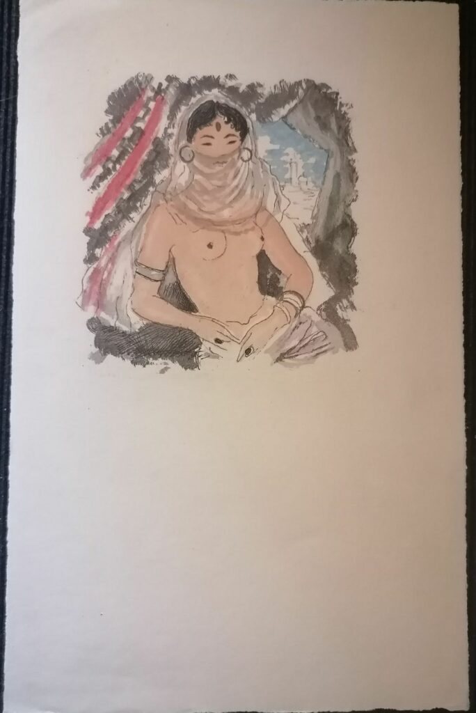 Estampe érotique de Emili Grau i Sala extraite du livre de l'amour de Stendhal femme orientale aux seins nus