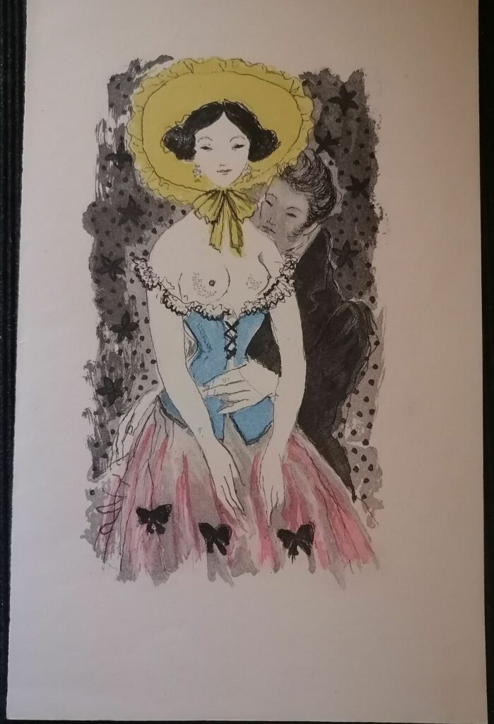 Estampe érotique de Emili Grau i Sala extraite du livre de l'amour de Stendhal femme aux seins nus