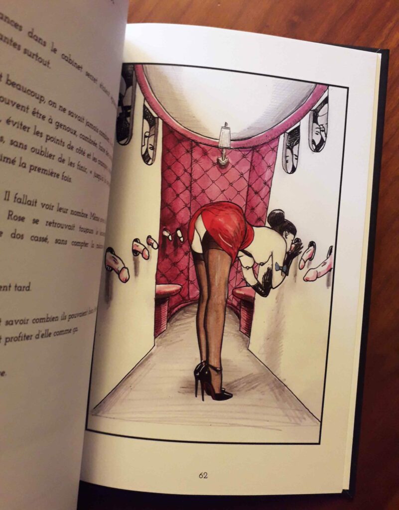 Femme en bas et talons dans un gloryhole : dessin fétichiste de Hector Domiane