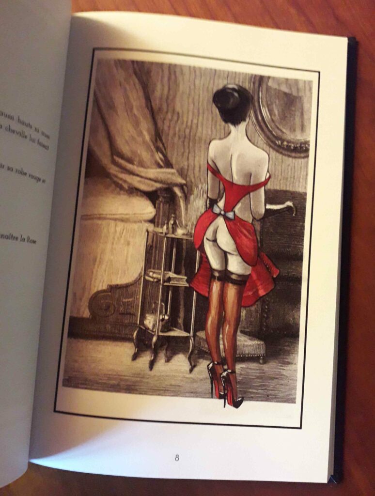 "Les Aventures de Mademoiselle Rose" par Hector Domiane Dessin d'une femme de dos fesses nues en bas et talons par Hector Domiane