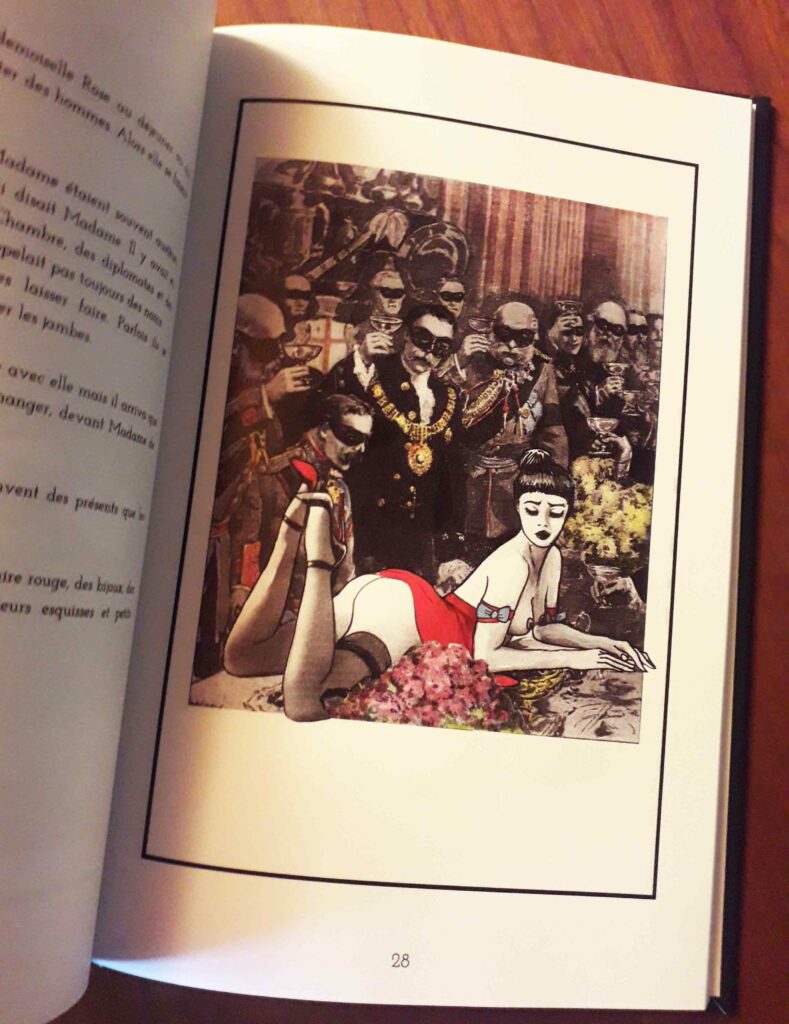 "Les Aventures de Mademoiselle Rose" par Hector Domiane Femme allongée en bas et talons au milieu d'hommes : dessin érotique de Hector Domiane