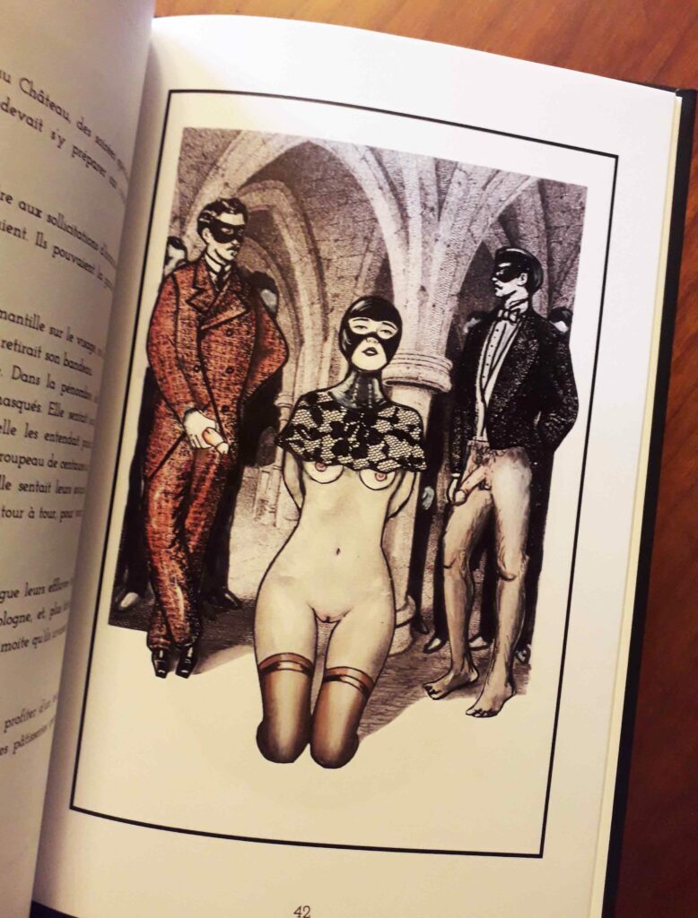 Femme à genoux portant une cagoule : un dessin BDSM de Hector Domiane