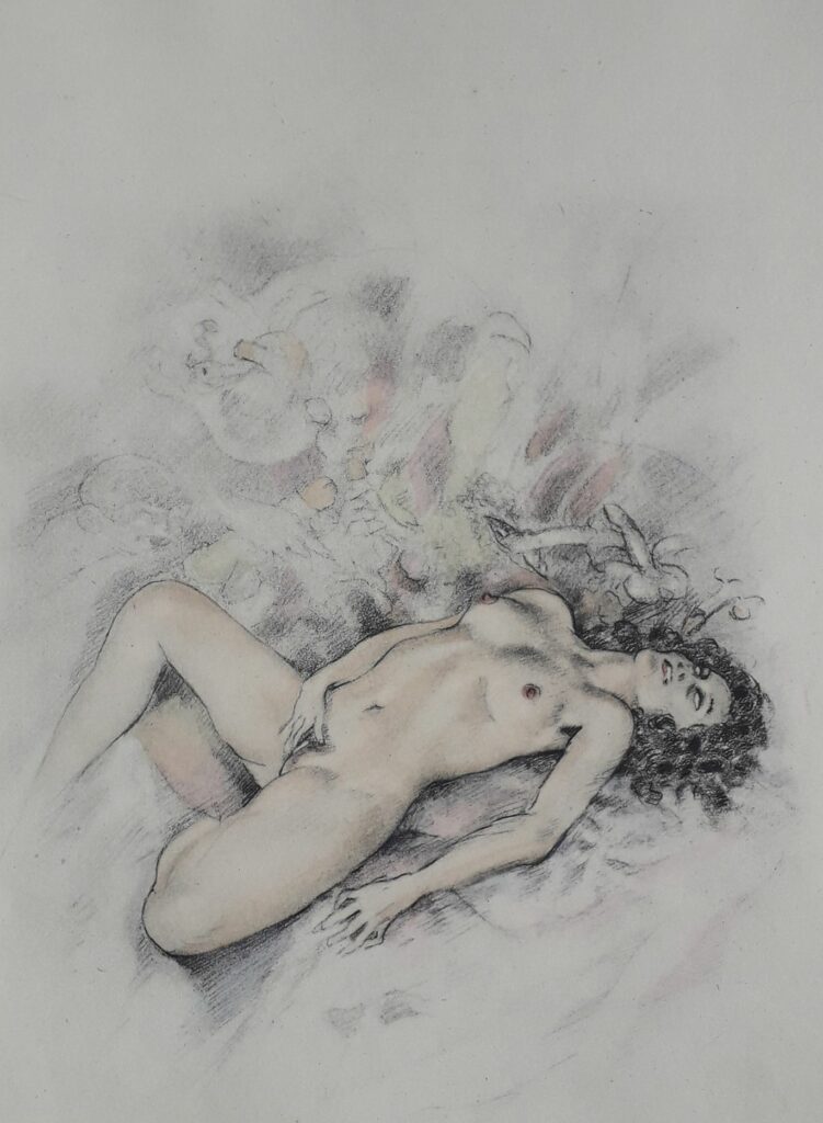 Dessin de femme nue se masturbant par Edouard Chimot Pour les Trois filles de leur mère