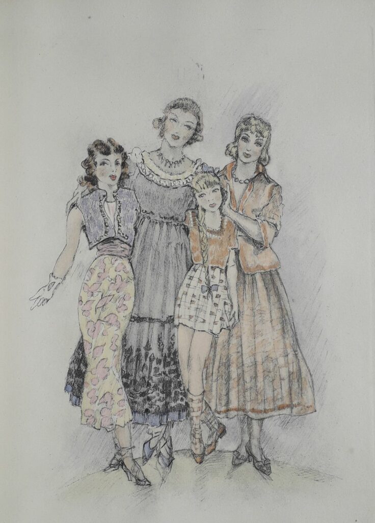 Illustration d'Edouard Chimot des trois filles et leur mère pour le roman de Pierre Louys