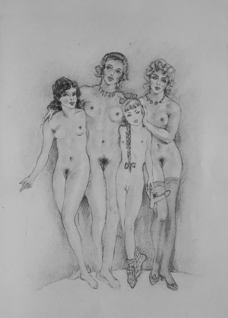 Illustration d'Edouard Chimot des trois filles et leur mère nues pour le roman de Pierre Louys