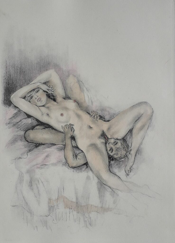 Illustration saphique d'Edouard Chimot de deux femmes nues entre elles