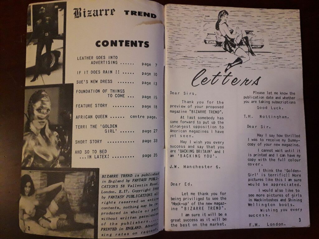 Sommaire et courrier des lecteurs dans la revue vintage Bizarre Trend n°1, Fantasy Publications