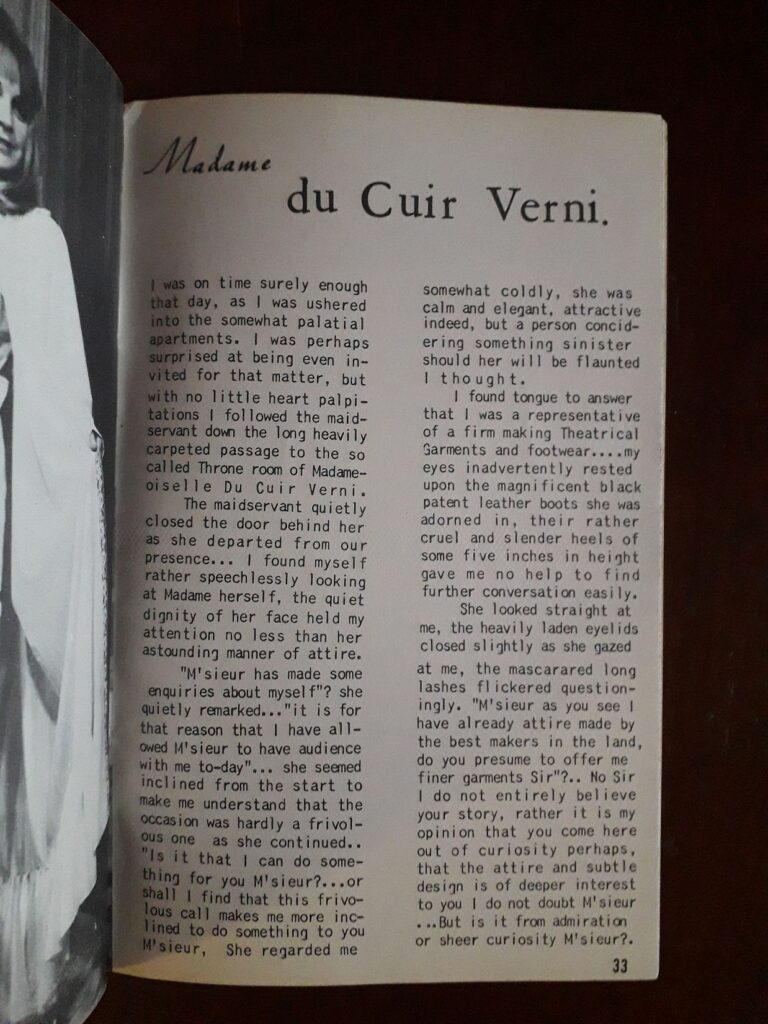 Extrait du texte Madame du cuir verni dans la revue fetish et BDSM Bizarre Trend n°1, Fantasy Publications