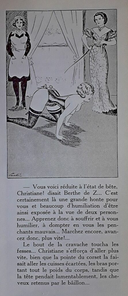 Dessin BDSM de carlo et extrait de texte : femme à quatre pattes devant deux femmes dominatrices