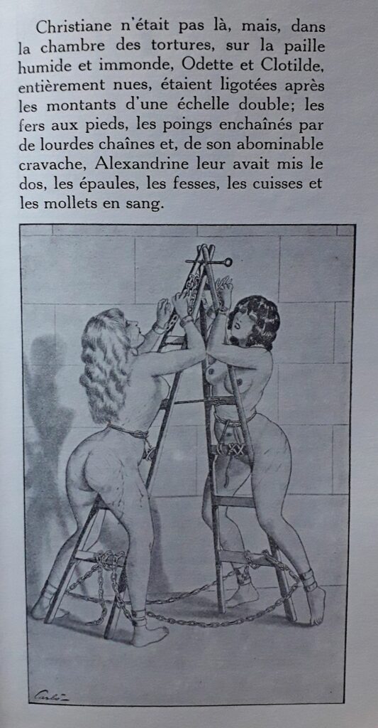 Dessin BDSM de carlo : deux femmes nues attachée à une échelle avec des chaines