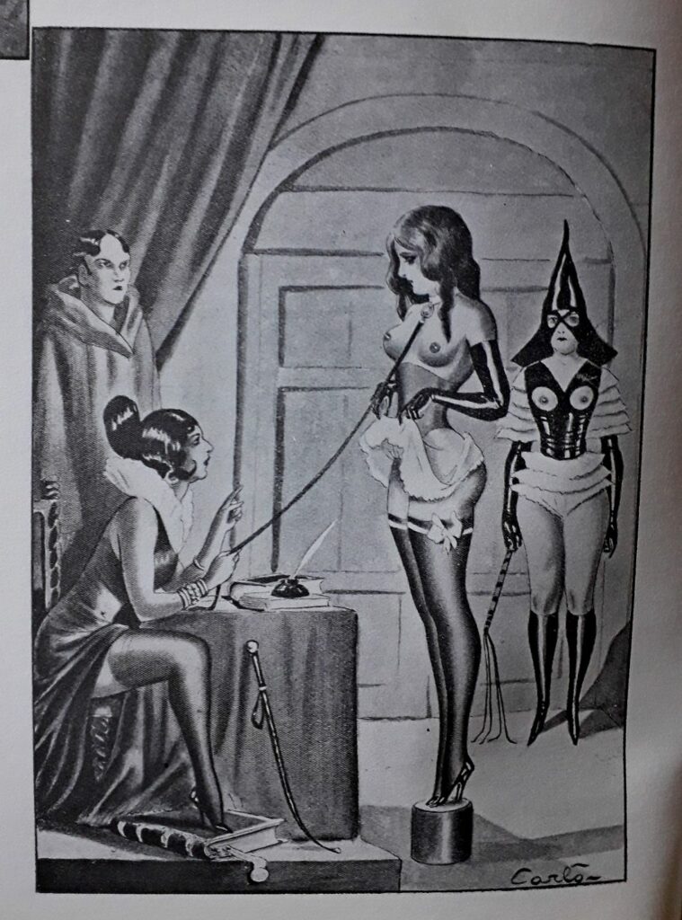 Dessin BDSM et fétichiste de Carlo : femme en nuisette, bas et talons présentée devant sa dominatrice