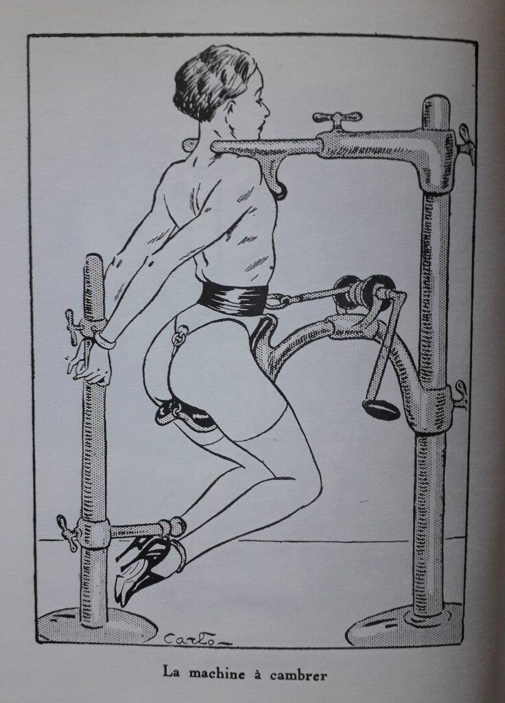 Dessin bdsm de carlo : femme sur instrument de torture : la machine à cambrer