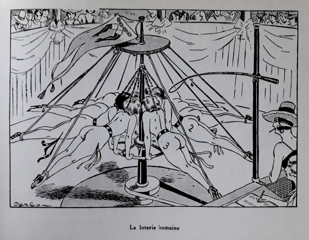dessin BDSM de Carlo : la loterie humaine : femmes nues sur un manège