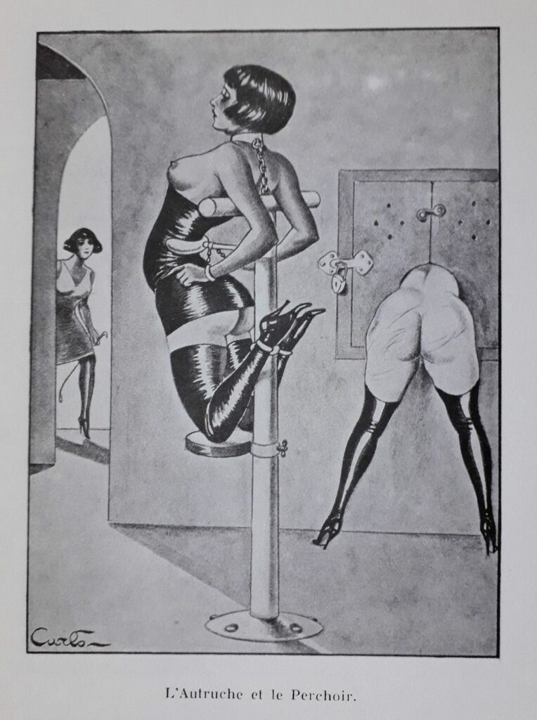 Dessin SM de Carlo : femme en bas et talons hauts attachée sur un poteau