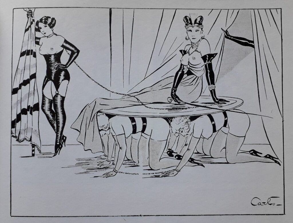 Dessin fétichiste signé Carlo : femmes à quatre pattes servant de pieds de table
