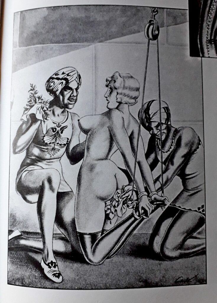 Dessin de carlo BDSM : femme nue attachée torturée par deux hommes