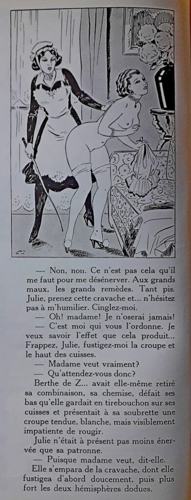 Dessin BDSM de carlo et extrait de texte : femme fouettée par une soubrette