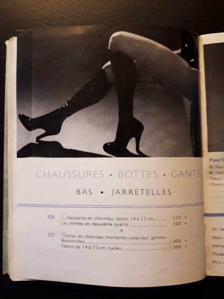 Chaussures, bottes et et gants vendues par Diana Slip dans les années 30