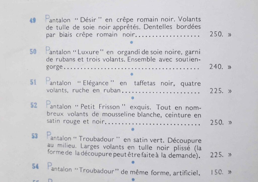 Liste des pantalons érotiques : Désir, Luxure, Elégance, Petit frisson