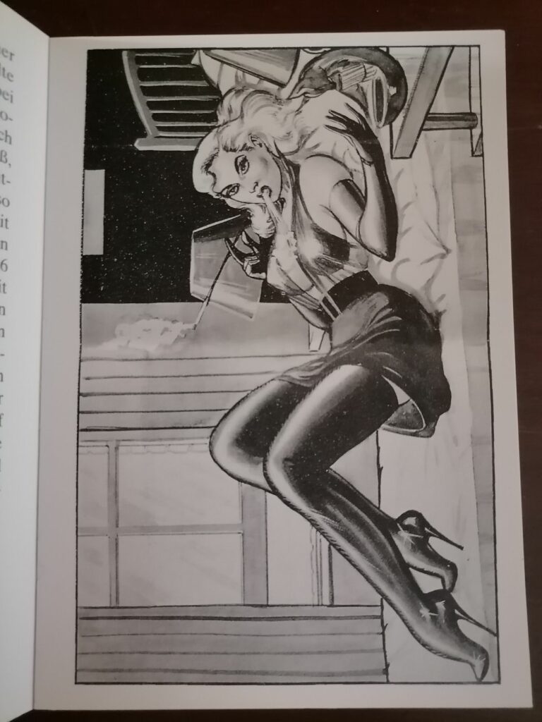 Dessin fetish et BDSM femme dominante qui fume en bas et talons hauts par Eric Stanton dans le livre 30 Postcards éditions Taschen