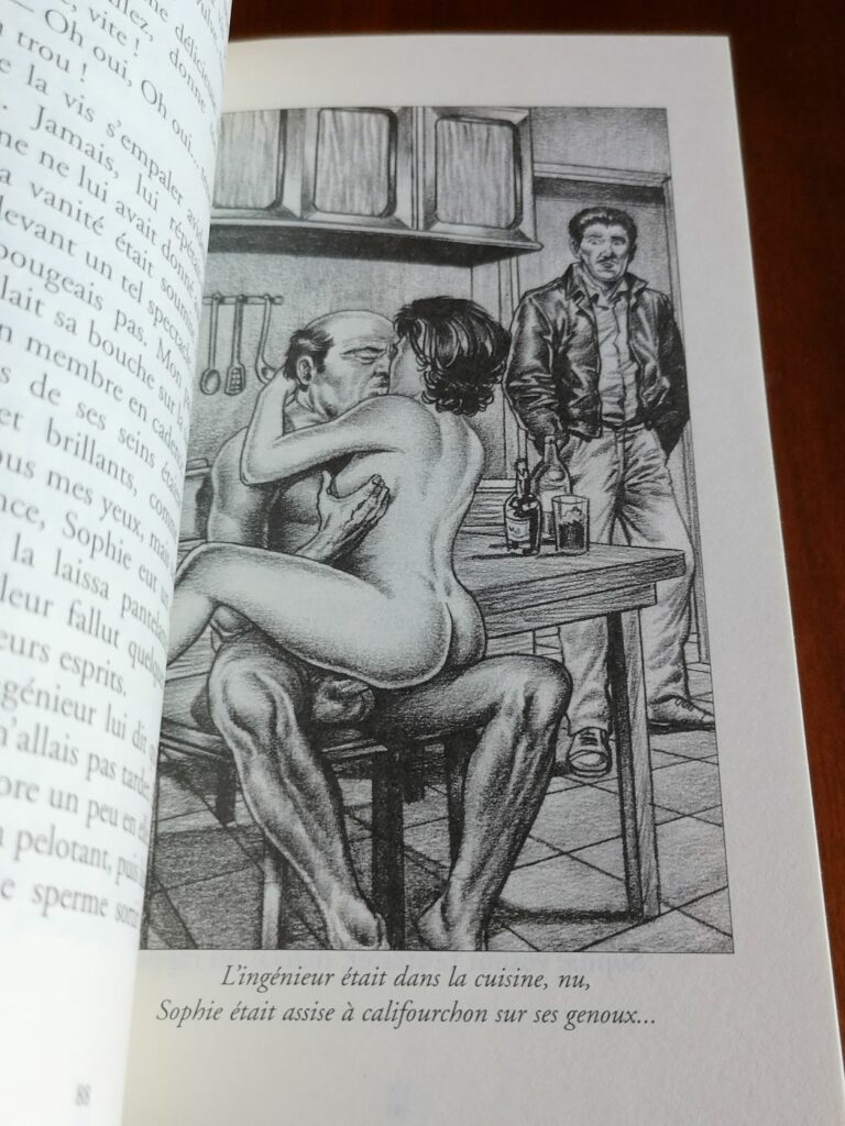 Illustration érotique d'un couple faisant l'amour devant un voyeur de Chris pour le roman BDSM L'Esclave blanche de Gil Debrisac aux éditions Sabine Fournier, collection les Petits Aphrodisiaques