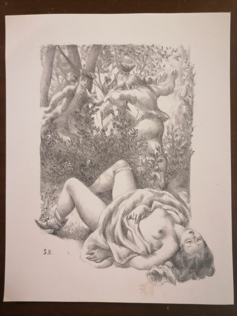 estampe signée érotique femme nue dans les bois de Suzanne Ballivet pour Monsieur Nicolas ou Le Cœur humain dévoilé, Restif de La Bretonne, éditions du Cent Cinquantenaire, 1956