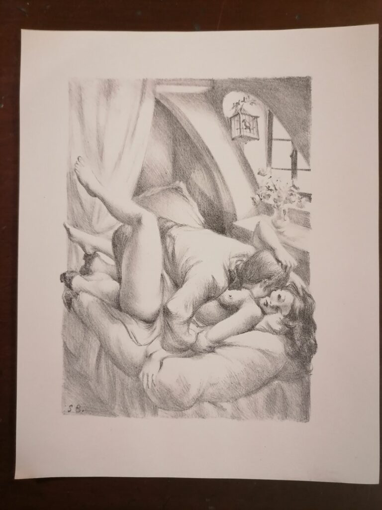 estampe signée érotique couple faisant l'amour de Suzanne Ballivet pour Monsieur Nicolas ou Le Cœur humain dévoilé, Restif de La Bretonne, éditions du Cent Cinquantenaire, 1956