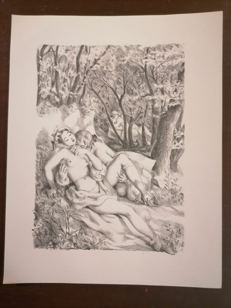 estampe érotique couple faisant l'amour dans les bois de Suzanne Ballivet pour Monsieur Nicolas ou Le Cœur humain dévoilé, Restif de La Bretonne, éditions du Cent Cinquantenaire, 1956