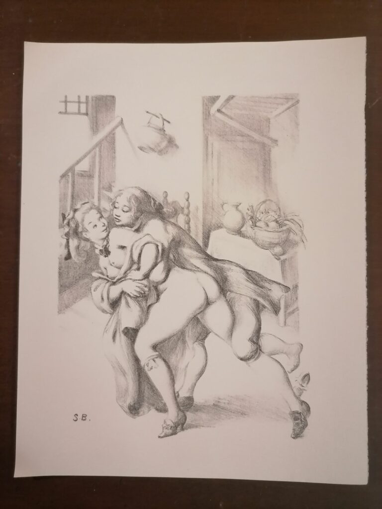 estampe signée érotique femme fesses nues de Suzanne Ballivet pour Monsieur Nicolas ou Le Cœur humain dévoilé, Restif de La Bretonne, éditions du Cent Cinquantenaire, 1956