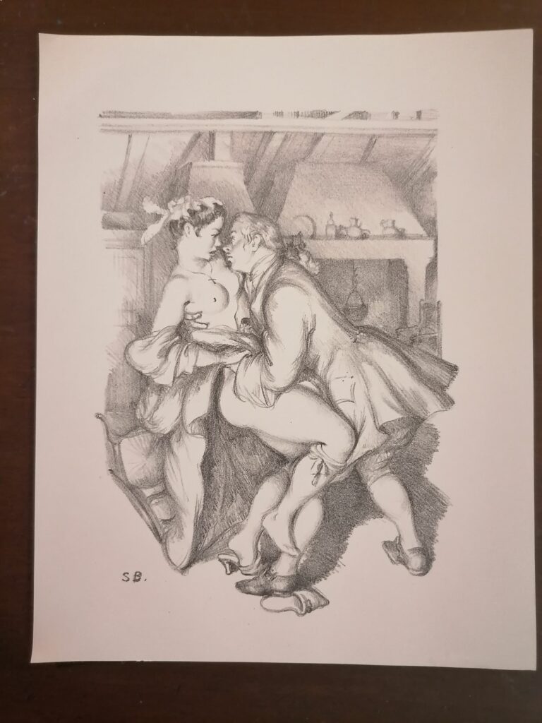 estampe signée érotique couple de Suzanne Ballivet pour Monsieur Nicolas ou Le Cœur humain dévoilé, Restif de La Bretonne, éditions du Cent Cinquantenaire, 1956