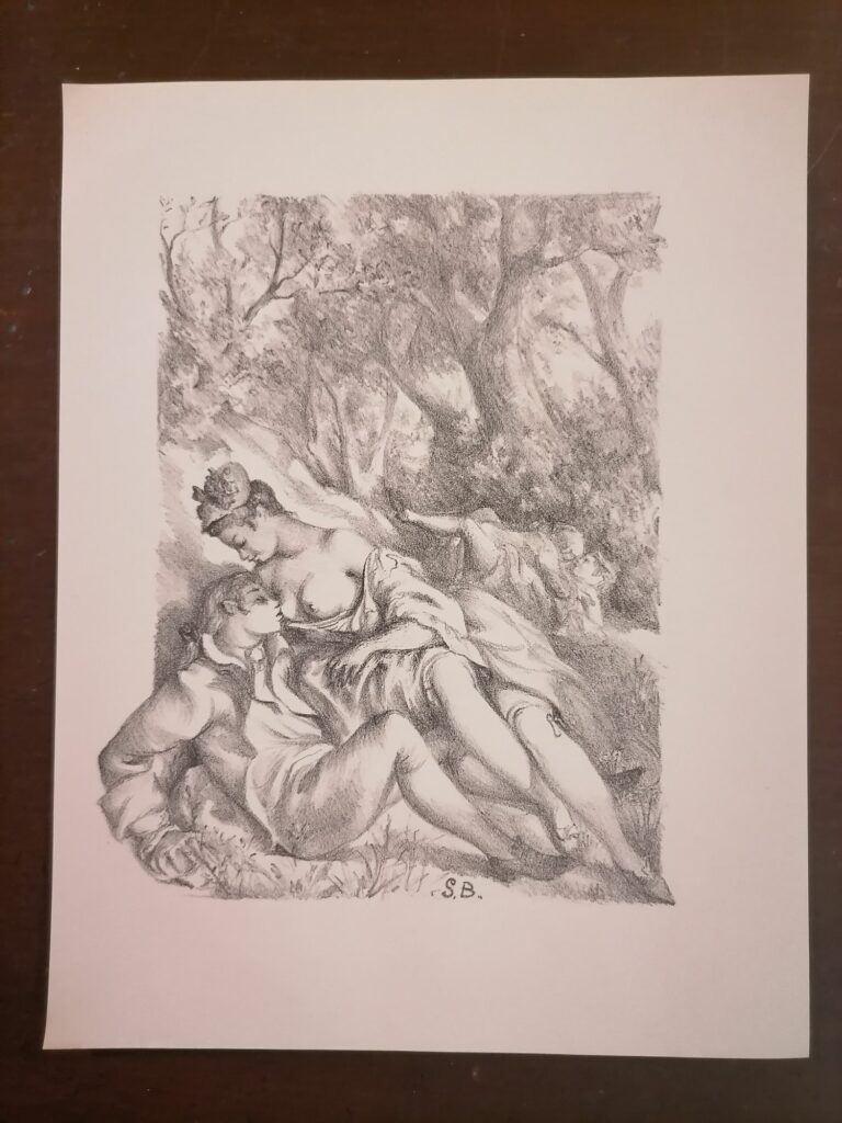estampe signée érotique couple dans les bois de Suzanne Ballivet pour Monsieur Nicolas ou Le Cœur humain dévoilé, Restif de La Bretonne, éditions du Cent Cinquantenaire, 1956