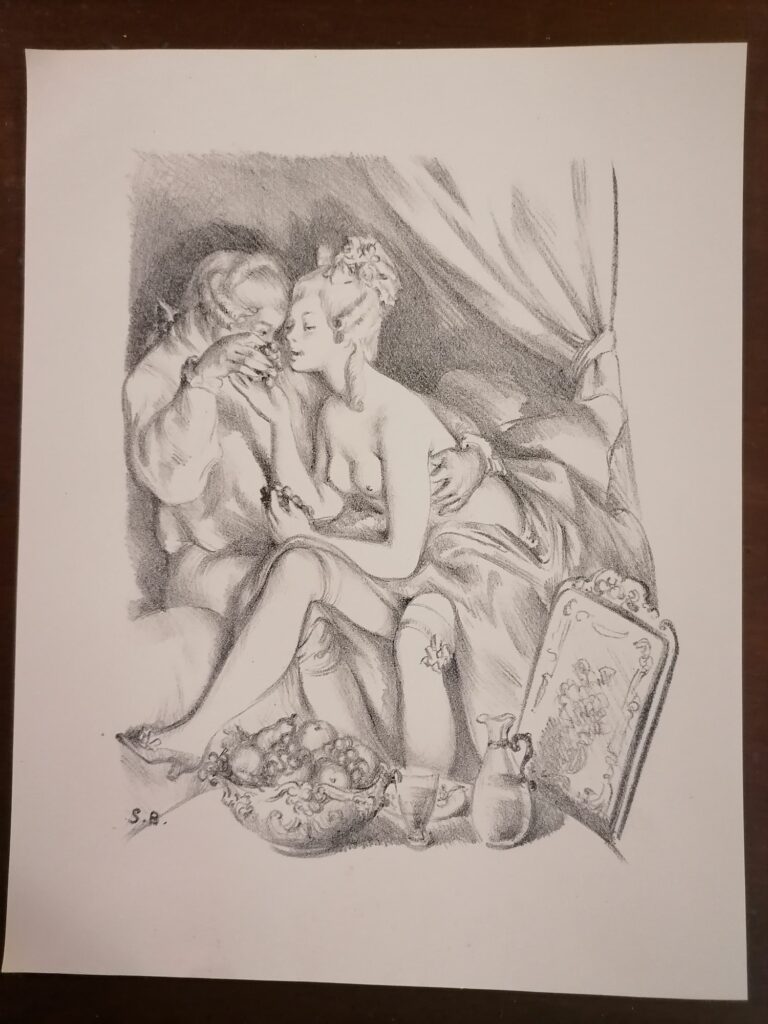 estampe signée érotique femme nue avec un homme de Suzanne Ballivet pour Monsieur Nicolas ou Le Cœur humain dévoilé, Restif de La Bretonne, éditions du Cent Cinquantenaire, 1956