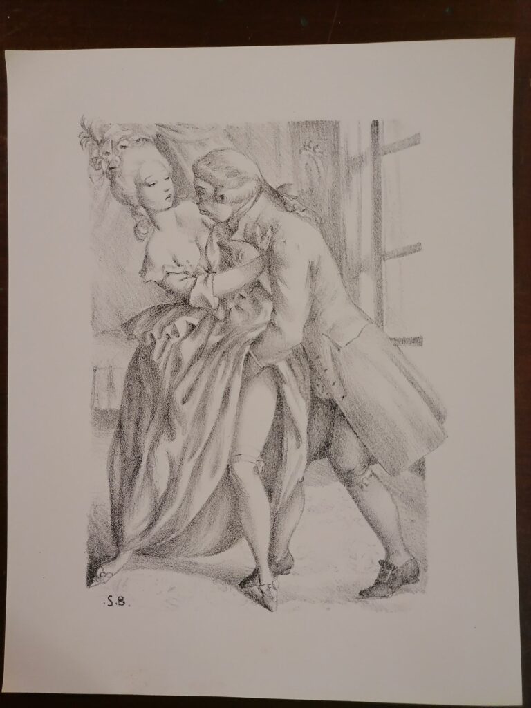 estampe signée érotique couple de Suzanne Ballivet pour Monsieur Nicolas ou Le Cœur humain dévoilé, Restif de La Bretonne, éditions du Cent Cinquantenaire, 1956