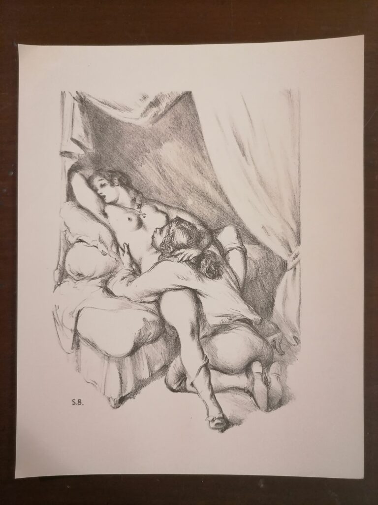 estampe signée érotique couple de Suzanne Ballivet pour Monsieur Nicolas ou Le Cœur humain dévoilé, Restif de La Bretonne, éditions du Cent Cinquantenaire, 1956