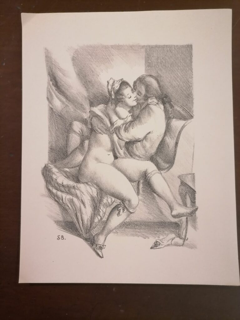 estampe signée érotique couple de Suzanne Ballivet pour Monsieur Nicolas ou Le Cœur humain dévoilé, Restif de La Bretonne, éditions du Cent Cinquantenaire, 1956