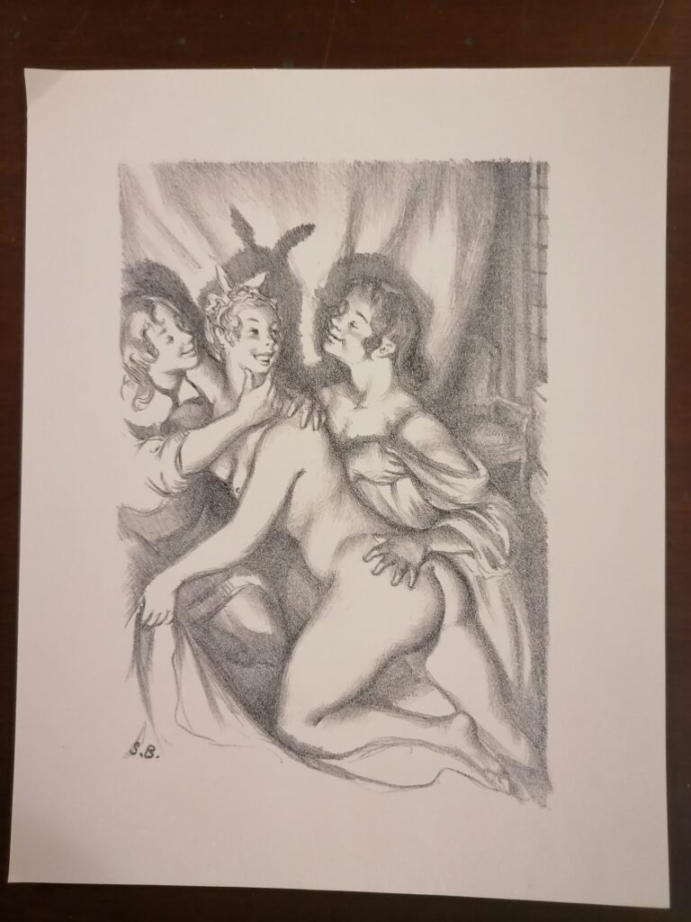 estampe signée érotique femme nue avec deux hommes de Suzanne Ballivet pour Monsieur Nicolas ou Le Cœur humain dévoilé, Restif de La Bretonne, éditions du Cent Cinquantenaire, 1956