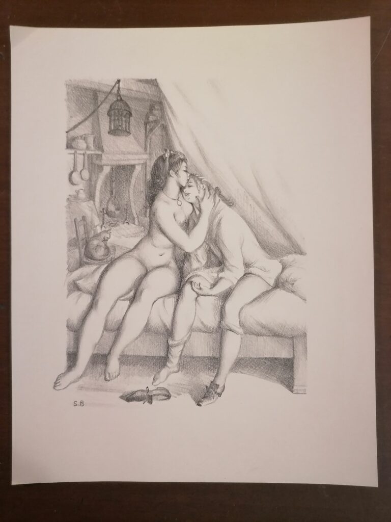 estampe signée érotique couple de Suzanne Ballivet pour Monsieur Nicolas ou Le Cœur humain dévoilé, Restif de La Bretonne, éditions du Cent Cinquantenaire, 1956
