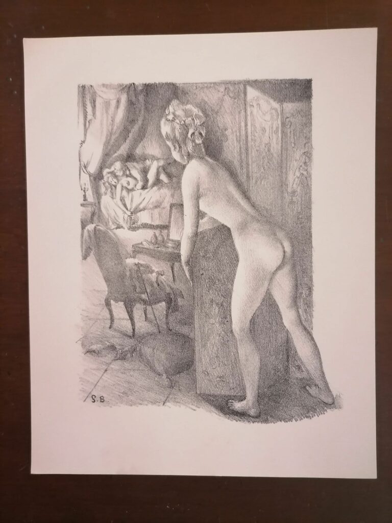 estampe érotique femme nue voyeuse de Suzanne Ballivet pour Monsieur Nicolas ou Le Cœur humain dévoilé, Restif de La Bretonne, éditions du Cent Cinquantenaire, 1956