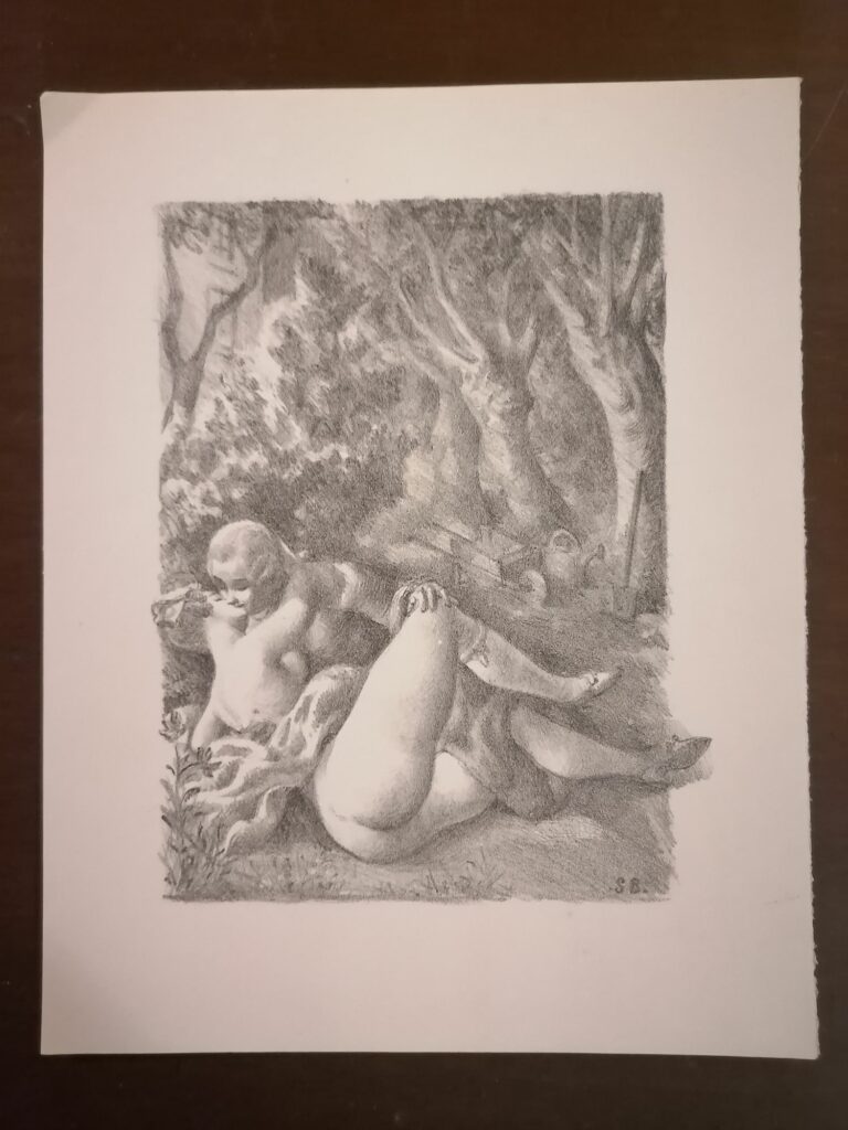 estampe signée érotique couple faisant l'amour dans les bois de Suzanne Ballivet pour Monsieur Nicolas ou Le Cœur humain dévoilé, Restif de La Bretonne, éditions du Cent Cinquantenaire, 1956