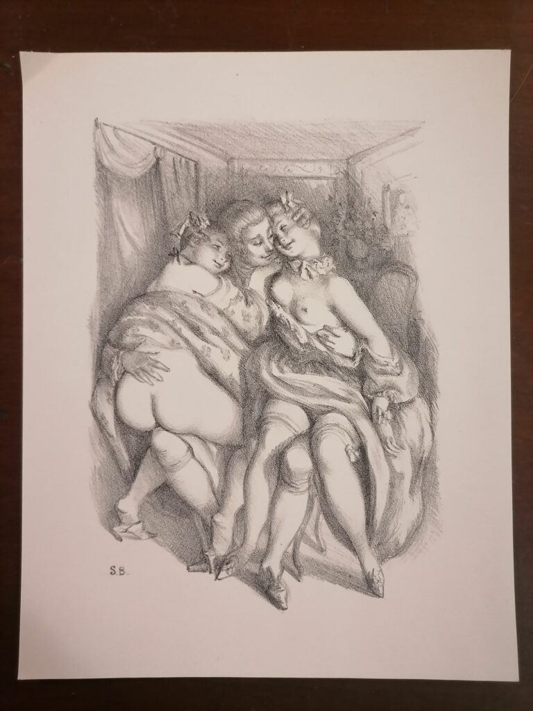 estampe signée érotique homme avec deux femmes de Suzanne Ballivet pour Monsieur Nicolas ou Le Cœur humain dévoilé, Restif de La Bretonne, éditions du Cent Cinquantenaire, 1956
