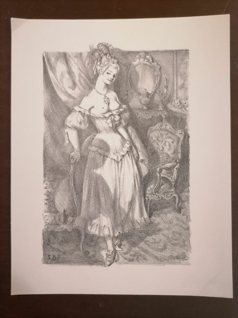 estampe érotique signée femme aux seins nus de Suzanne Ballivet pour Monsieur Nicolas ou Le Cœur humain dévoilé, Restif de La Bretonne, éditions du Cent Cinquantenaire, 1956