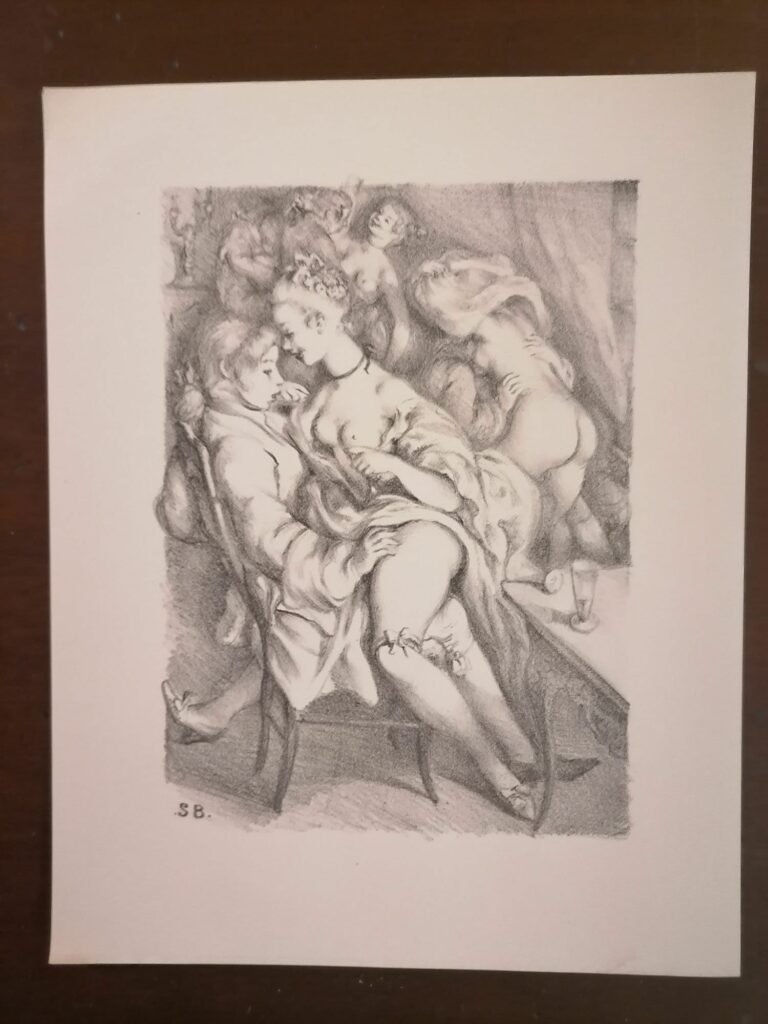estampe érotique signée orgie de Suzanne Ballivet pour Monsieur Nicolas ou Le Cœur humain dévoilé, Restif de La Bretonne, éditions du Cent Cinquantenaire, 1956