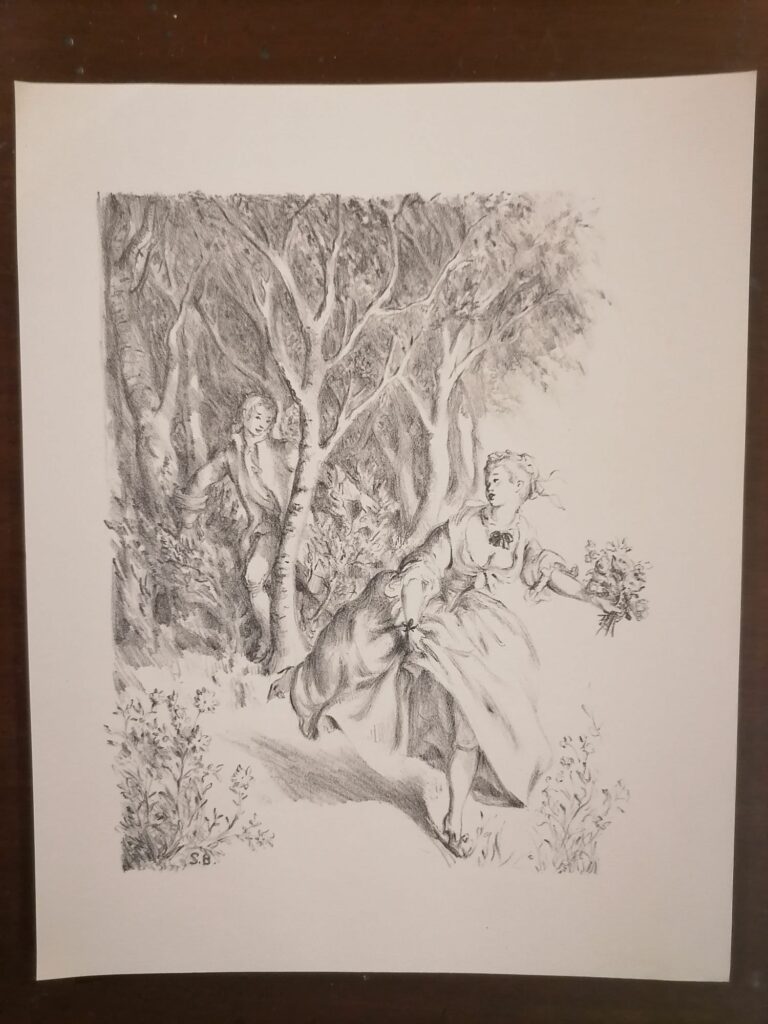estampe couple dans les bois de Suzanne Ballivet pour Monsieur Nicolas ou Le Cœur humain dévoilé, Restif de La Bretonne, éditions du Cent Cinquantenaire, 1956