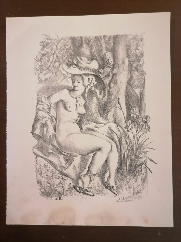 estampe signée érotique femme qui se déshabille dans les bois de Suzanne Ballivet pour Monsieur Nicolas ou Le Cœur humain dévoilé, Restif de La Bretonne, éditions du Cent Cinquantenaire, 1956