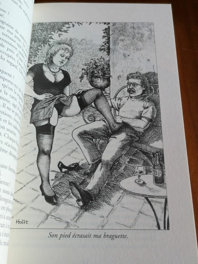 Illustration érotique footjob de Holst pour le roman BDSM Extrêmes jouissances de Gil Debrisac aux éditions Sabin Fournier collection les Aphrodisiaques