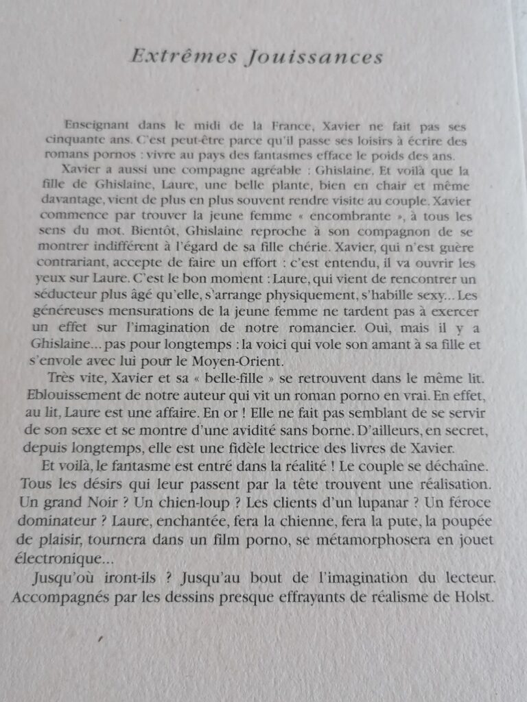 Résumé du roman érotique BDSM Extrêmes jouissances de Gil Debrisac illustré par Holst aux éditions Sabine Fournier, collection les Aphrodisiaques
