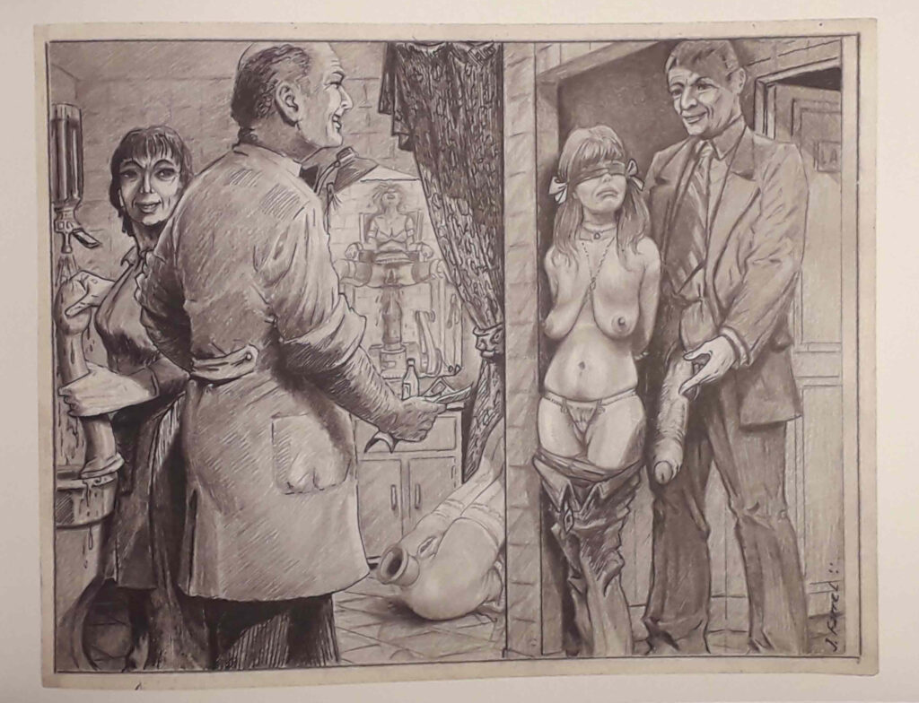 Dessin BDSM de l'artiste Jospeh Farrel dans le livre de Christophe Bier